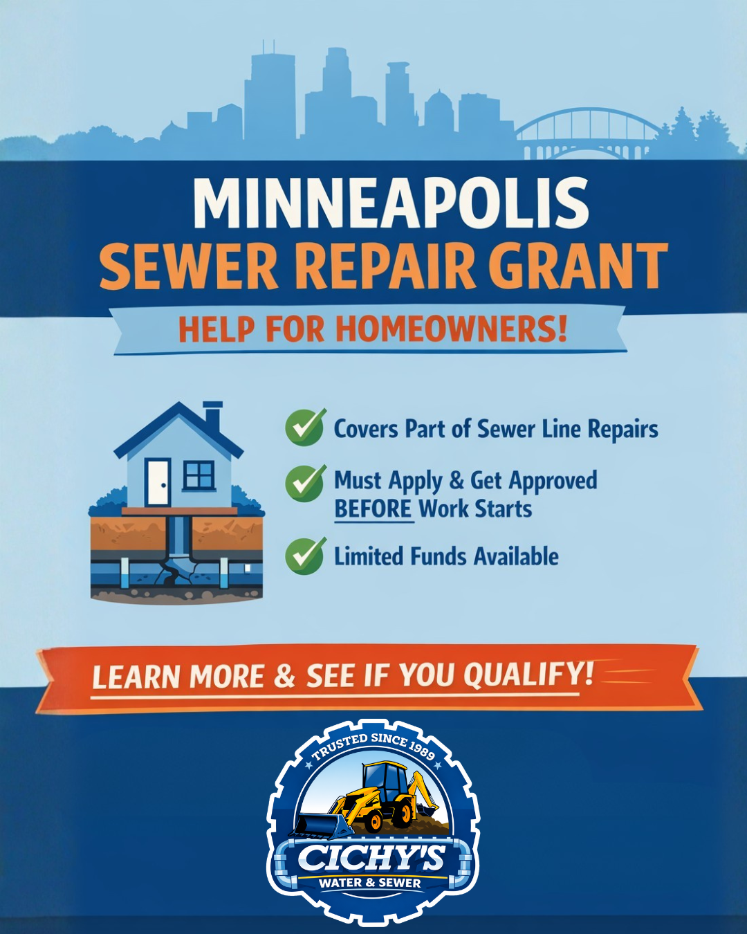 Minneapolis sewer repair grant information graphic showing homeowner assistance for sewer line repairs