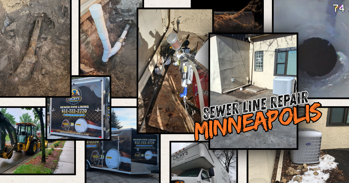 Trenchless sewer line repair in Minneapolis MN showing excavation, UV pipe lining equipment, and completed exterior cleanout installation.