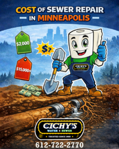 Sewer repair cost Minneapolis graphic showing Cichy’s mascot next to a damaged sewer line with price range examples.