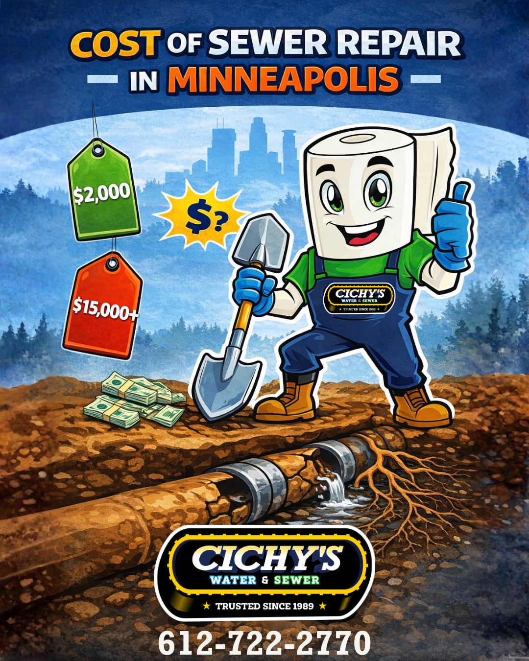Sewer repair cost Minneapolis graphic showing Cichy’s mascot next to a damaged sewer line with price range examples.