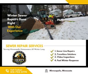 Winter sewer repair jobsite in Minneapolis, MN with trenchless sewer repair services