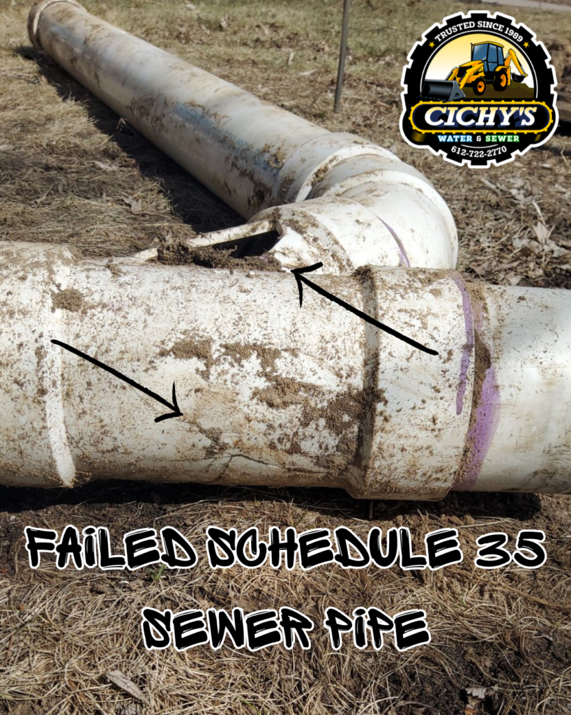 Failed Schedule 35 sewer pipe Minneapolis showing cracked PVC sewer line replaced due to premature deterioration
