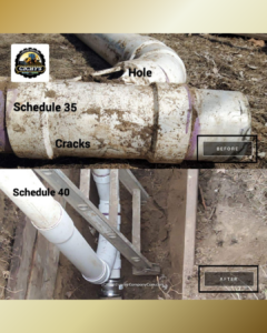 Schedule 35 vs Schedule 40 sewer pipe Minneapolis showing cracked PVC pipe replaced with durable Schedule 40 installation