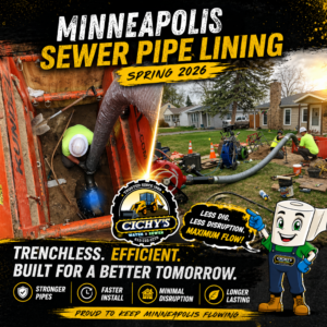Minneapolis sewer pipe lining project showing trenchless CIPP installation with crew working in excavation and lining equipment setup during spring 2026