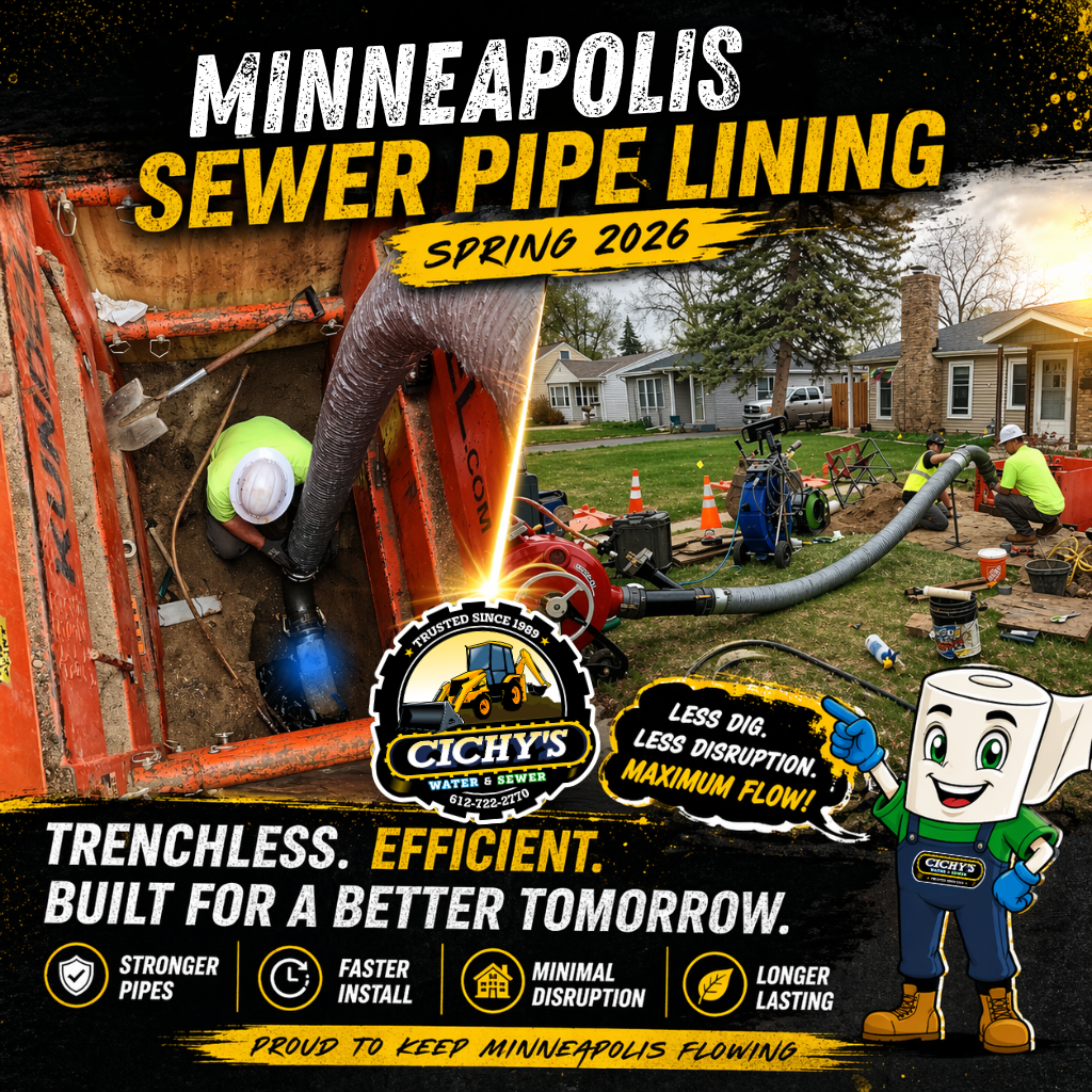 Minneapolis sewer pipe lining project showing trenchless CIPP installation with crew working in excavation and lining equipment setup during spring 2026