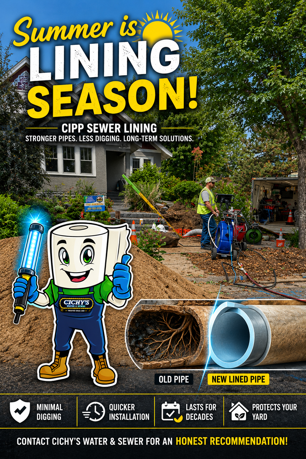 Cichy's Water & Sewer crew installing a CIPP trenchless sewer liner at a Minnesota home during summer, minimizing excavation and protecting the homeowner's landscaping.