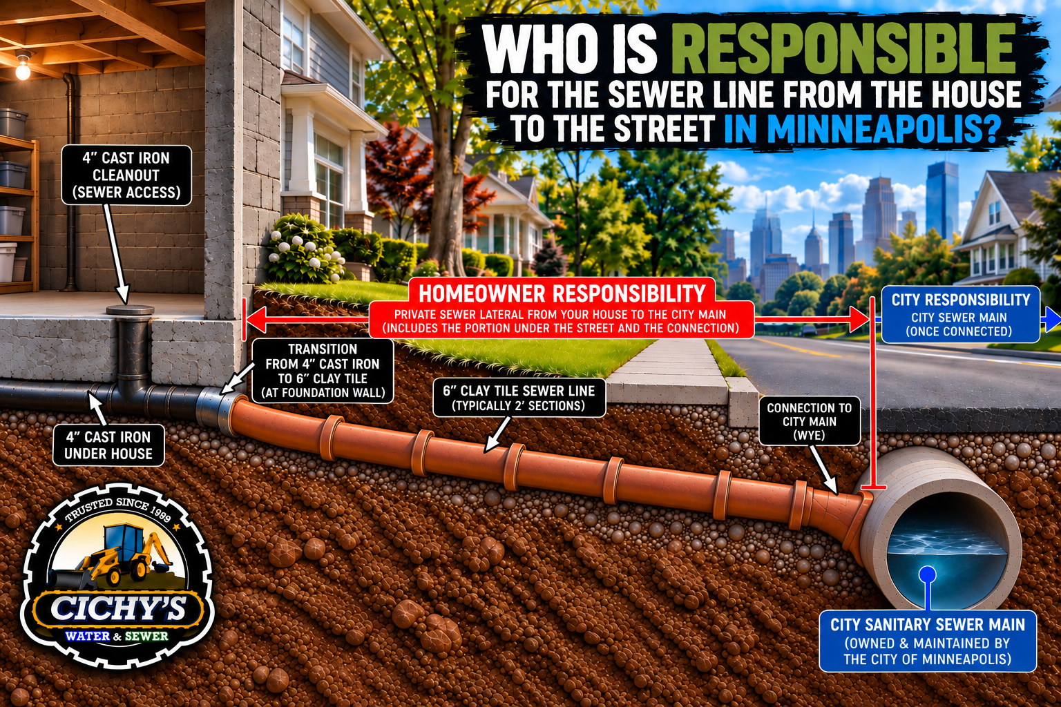 Minneapolis sewer line diagram showing homeowner responsibility from the house to the city sewer main